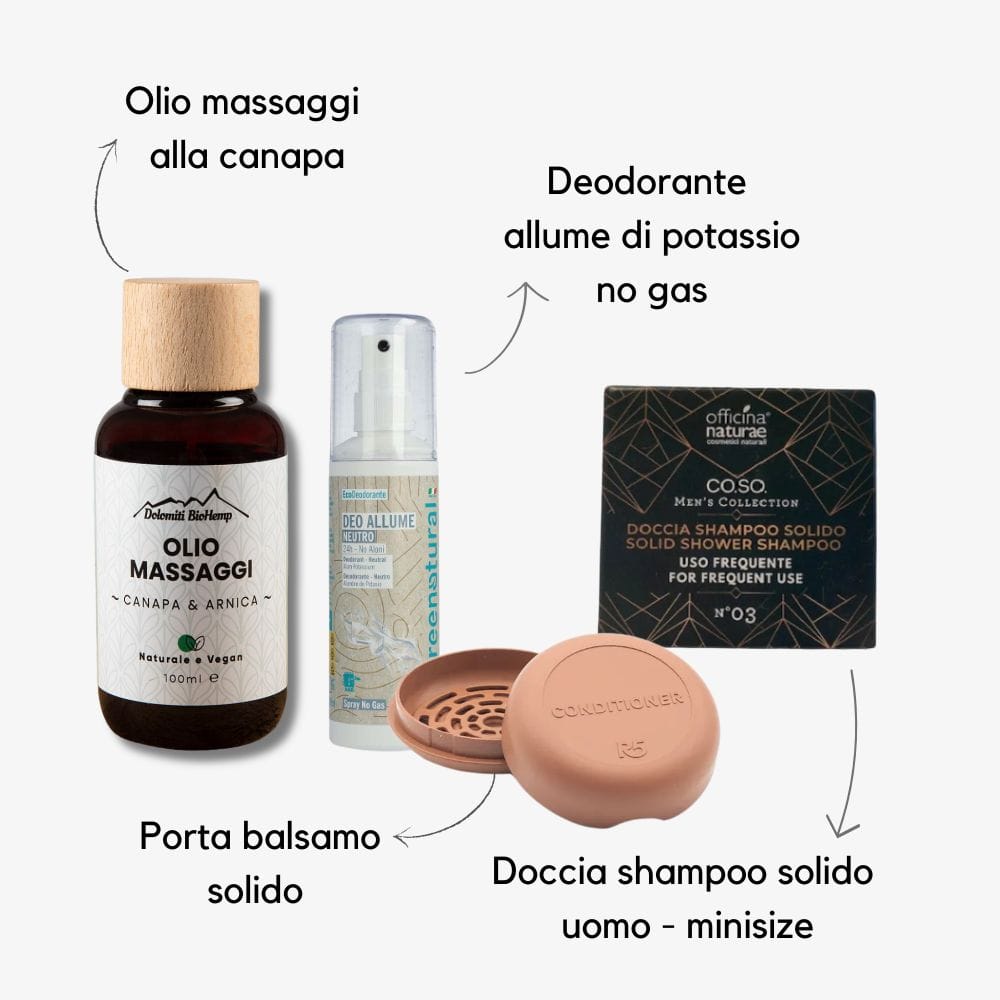 KIT SPORT | Olio massaggi, Deodorante spray, Doccia+Shampoo, Porta solido - immagine 2