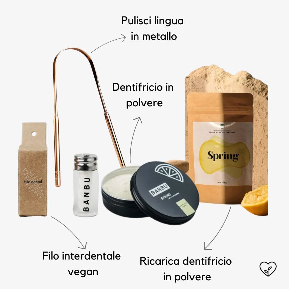 KIT SORRISO | Filo interdentale, Pulisci lingua, Dentifricio in polvere, Ricarica Dentifricio - immagine 2
