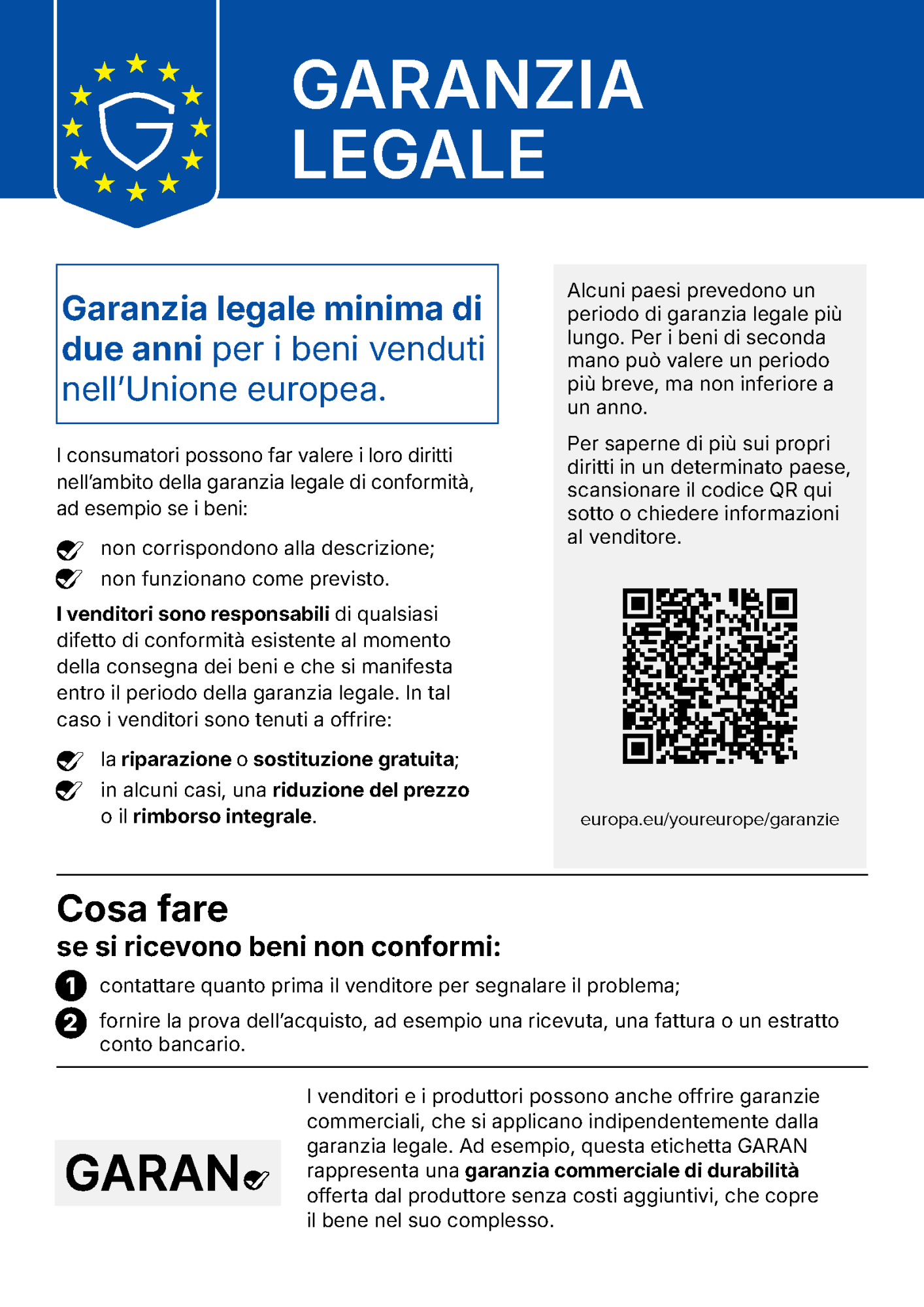 Avviso UE sulla garanzia legale: garanzia legale minima di due anni per i beni venduti nell’Unione europea