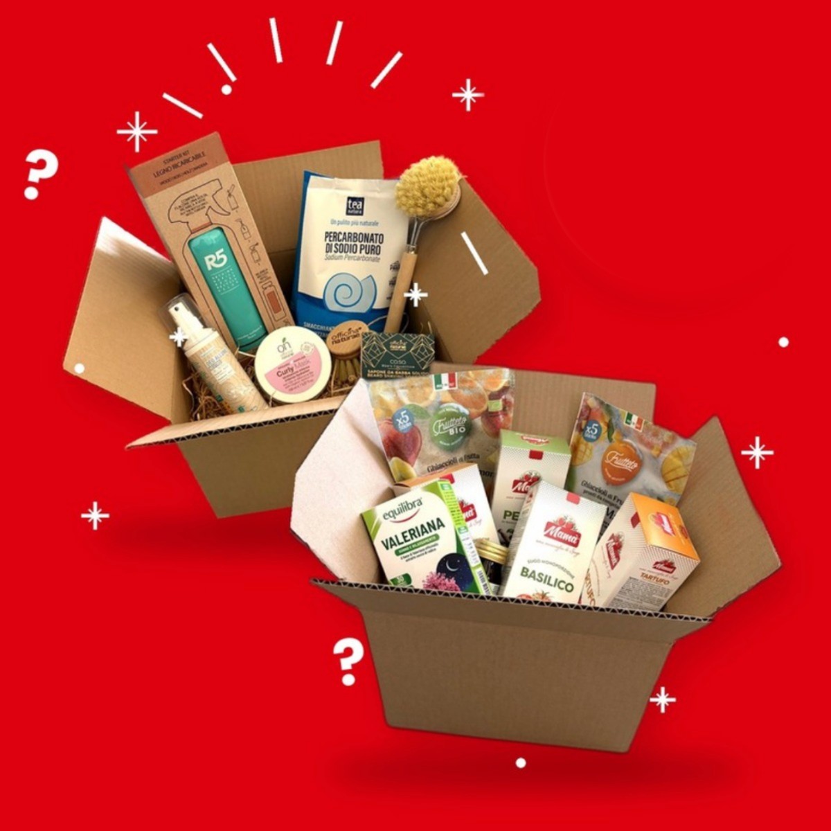 Mystery Box WHATaECO: due scatole aperte con prodotti 100% vegetali su fondo rosso